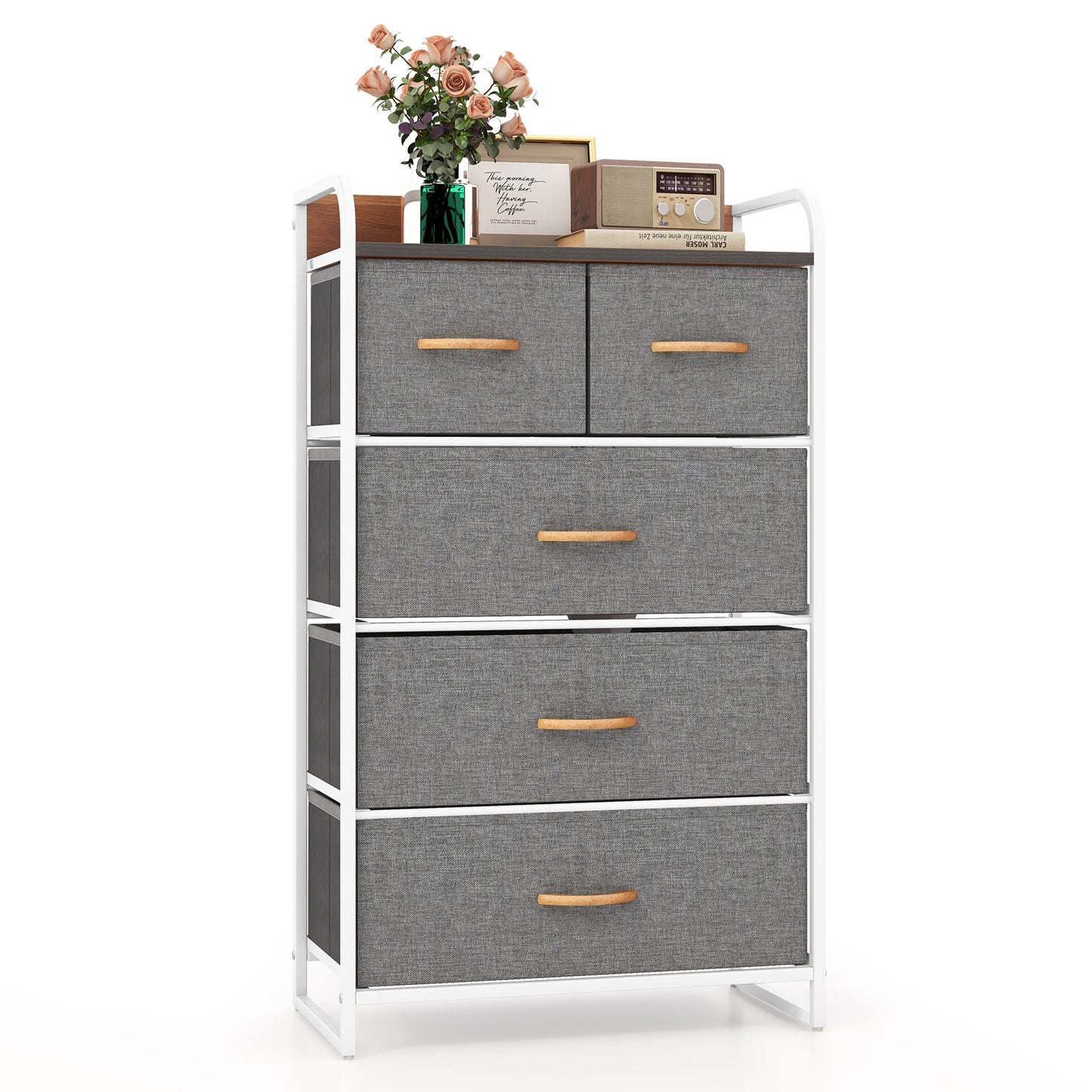 4-Tier Organizer Tower Steel Frame Wooden Top Storage with 5-Drawer Dresser-Gray - Gray