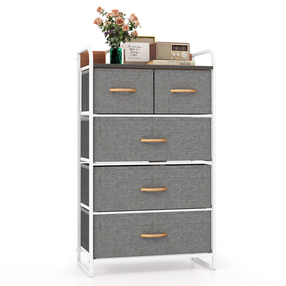 4-Tier Organizer Tower Steel Frame Wooden Top Storage with 5-Drawer Dresser-Gray - Gray