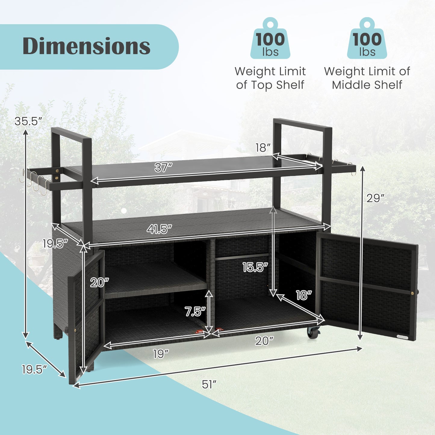 Outdoor Bar Cart Wicker Buffet Serving Cart with Cabinet and 8 Hooks