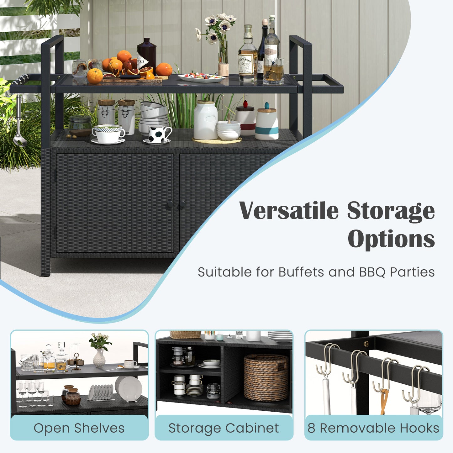 Outdoor Bar Cart Wicker Buffet Serving Cart with Cabinet and 8 Hooks