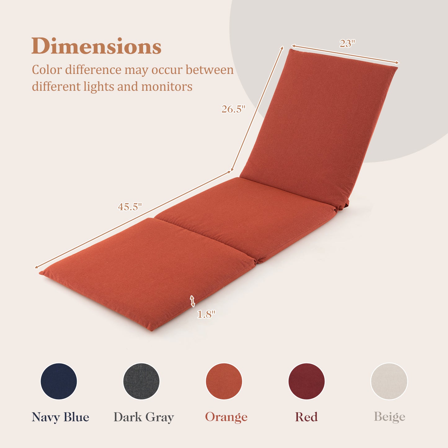 Outdoor Chaise Lounge Cushion Patio Furniture Folding Pad with Fixing Straps-Red - Orange
