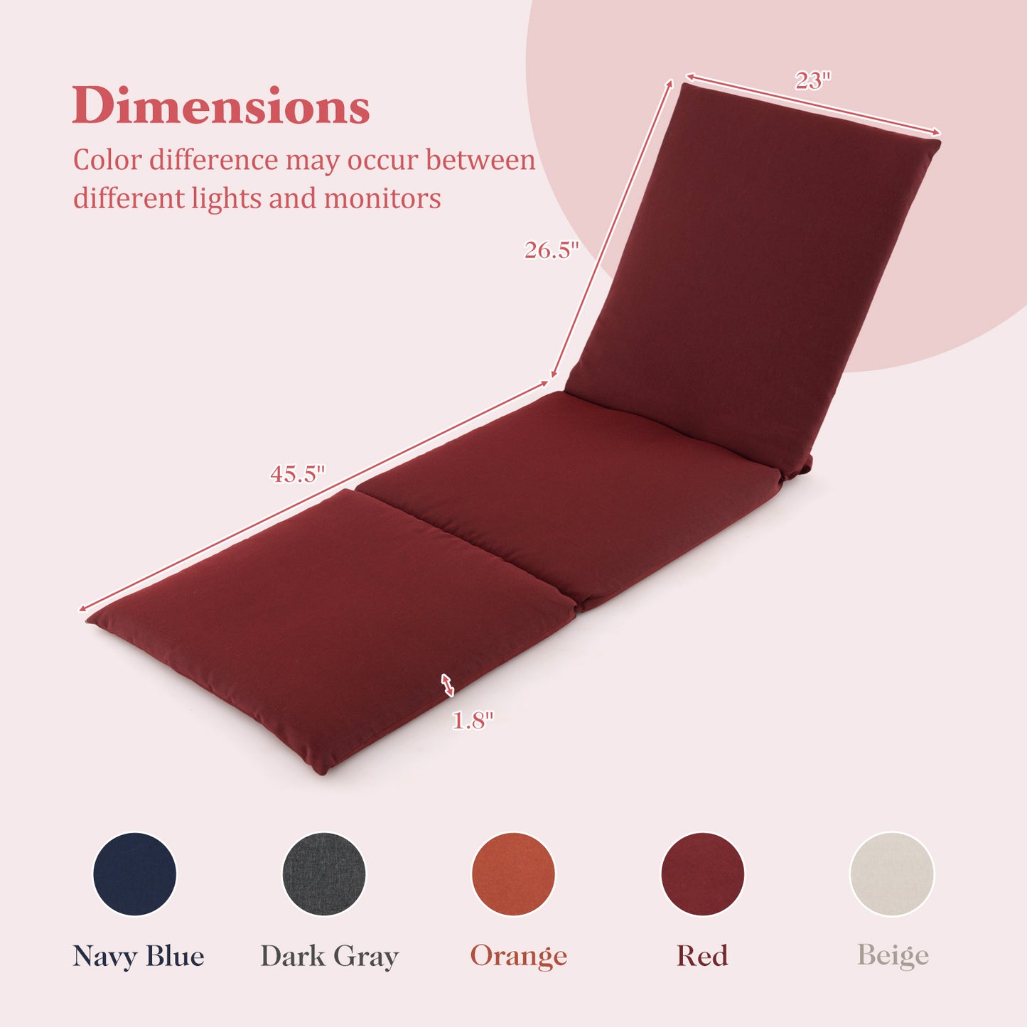 Outdoor Chaise Lounge Cushion Patio Furniture Folding Pad with Fixing Straps-Red - Red