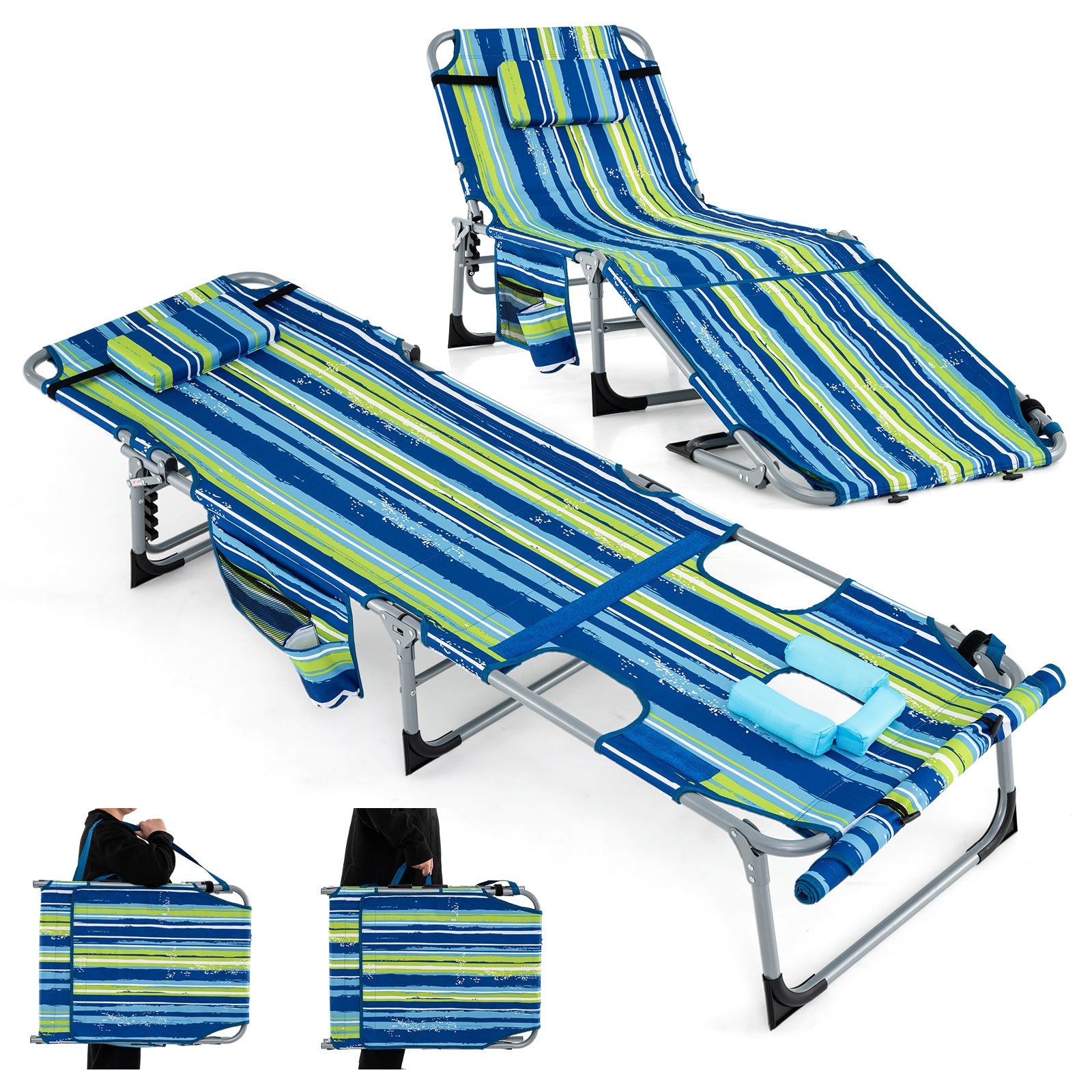 5-position Outdoor Folding Chaise Lounge Chair-Blue - Blue And Green