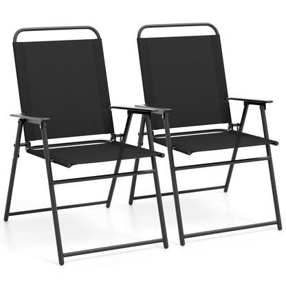 Outdoor Folding Sling Chairs with Armrest and Backrest-Black - Black