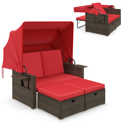 Outdoor Patio Rattan Daybed with Retractable Canopy and Adjustable Backrests-Beige - Red