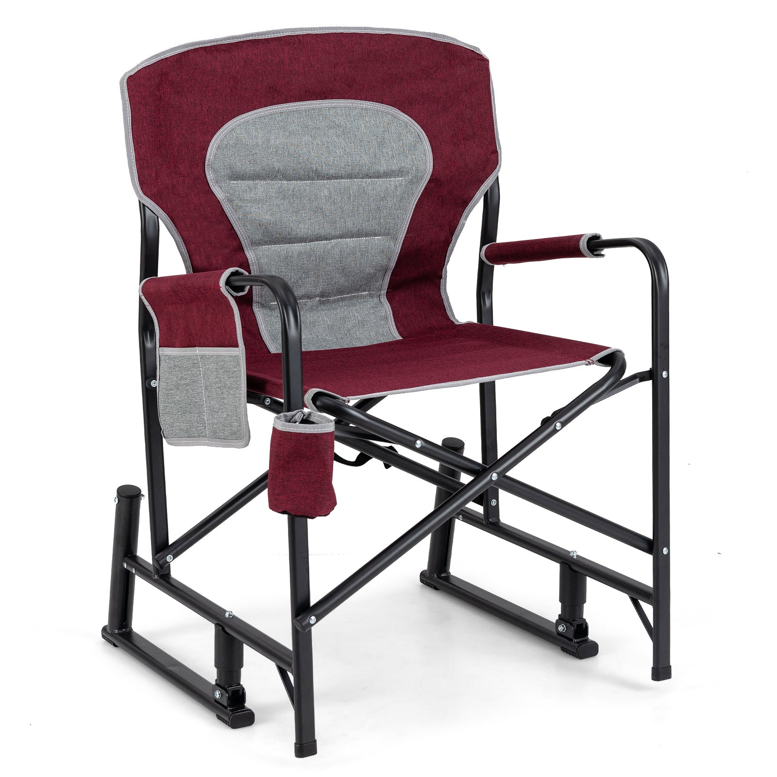Outdoor Rocker Camping Chair with Dual Springs and Padded Back-Black - Red