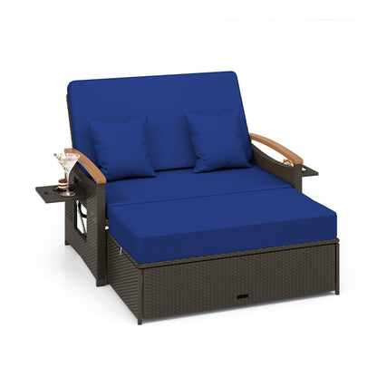 Outdoor Wicker Daybed with Folding Panels and Storage Ottoman-Red - Navy