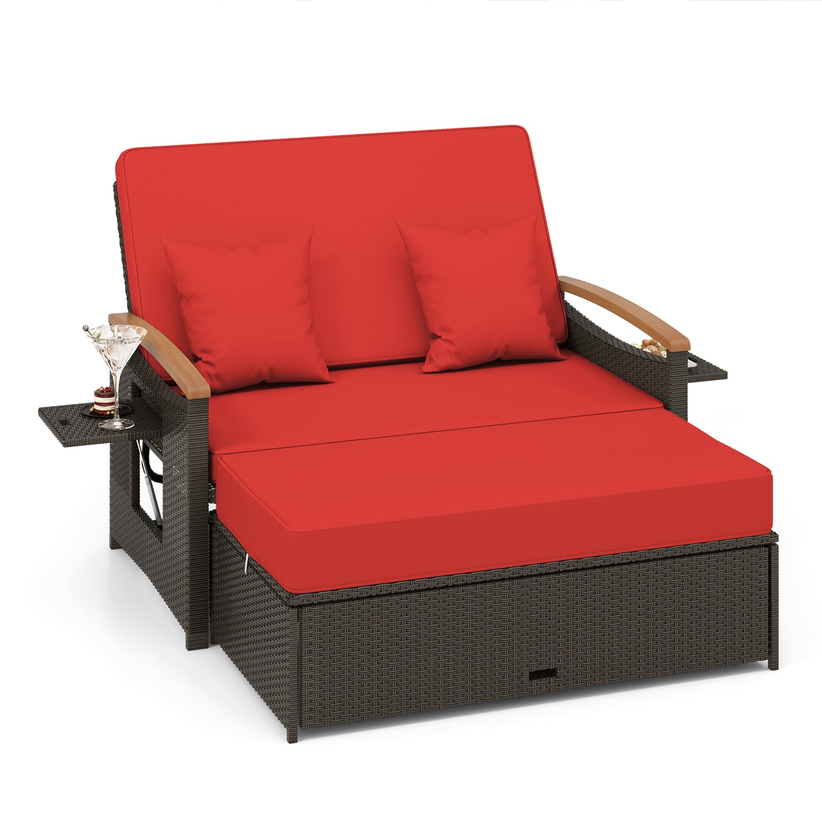 Outdoor Wicker Daybed with Folding Panels and Storage Ottoman-Red - Red