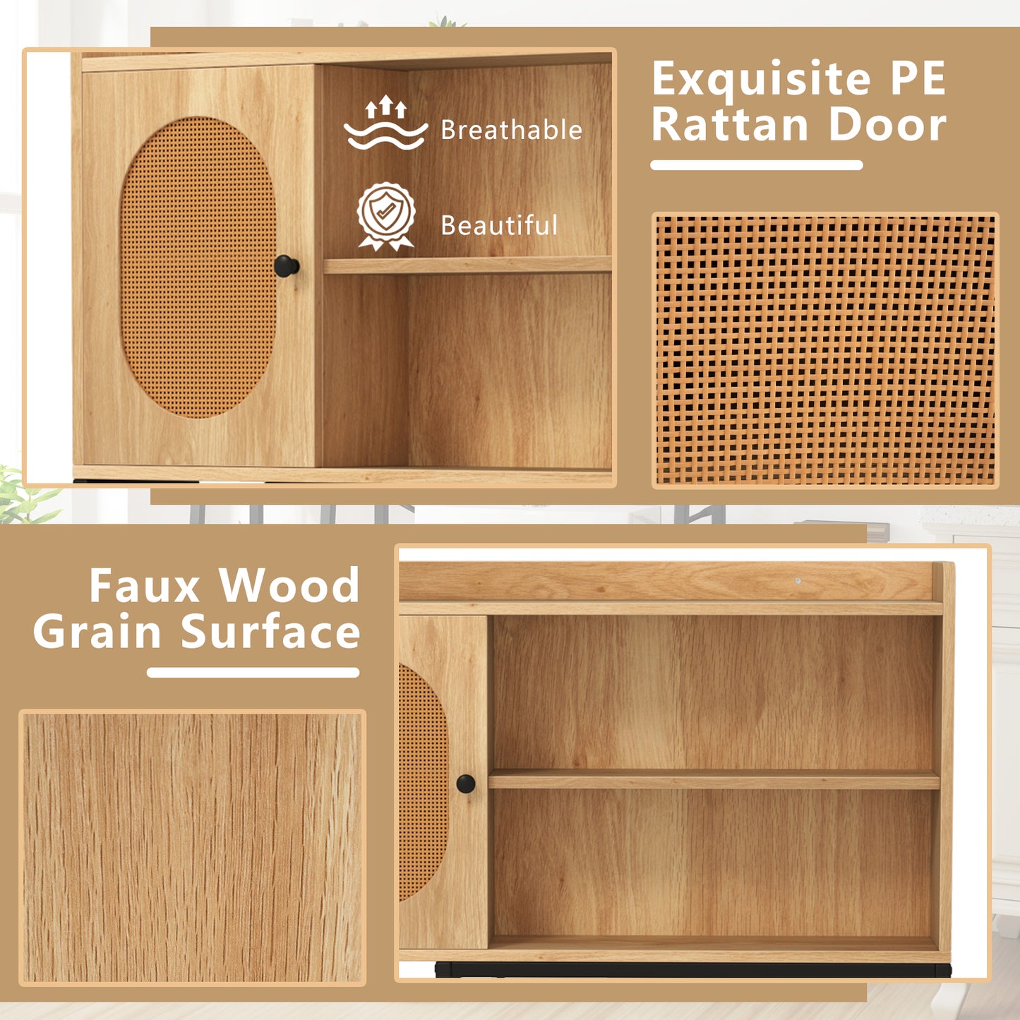Over The Toilet Storage Cabinet with PE Rattan Door and Open Storage Shelves-Natural