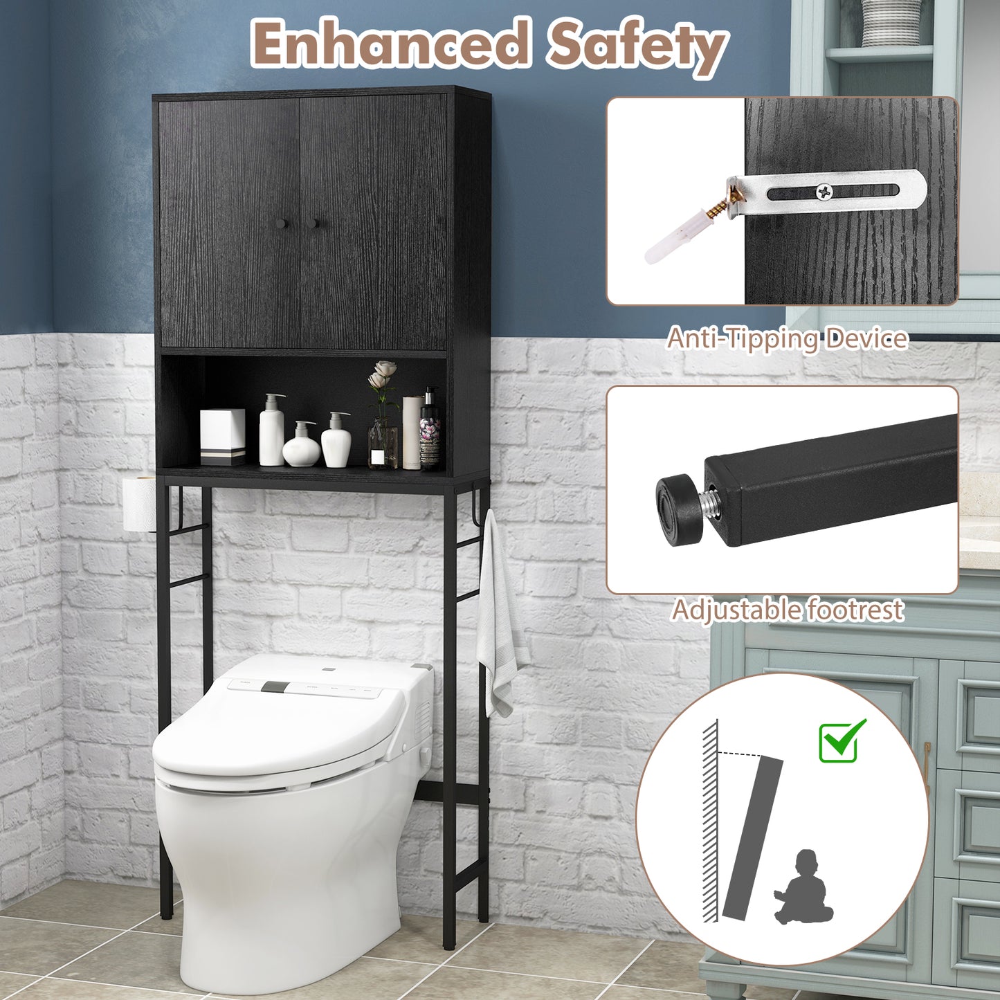 Over The Toilet Storage Cabinet with 2 Doors and Adjustable Shelf