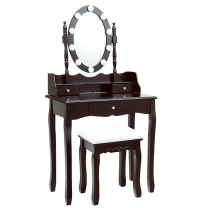 Oval Mirror Vanity Set with 10 LED Dimmable Bulbs and 3 Drawers-Brown - Brown