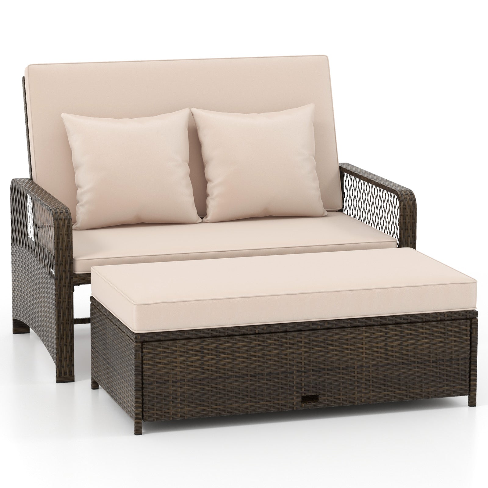 Patio Adjustable Wicker Daybed with 4-Level Backrest and Soft Cushions-Navy - Beige