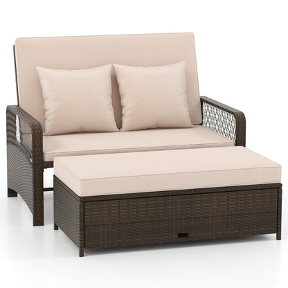 Patio Adjustable Wicker Daybed with 4-Level Backrest and Soft Cushions-Navy - Beige