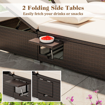 Patio Double Chaise Lounge with Cushions and Folding Side Trays