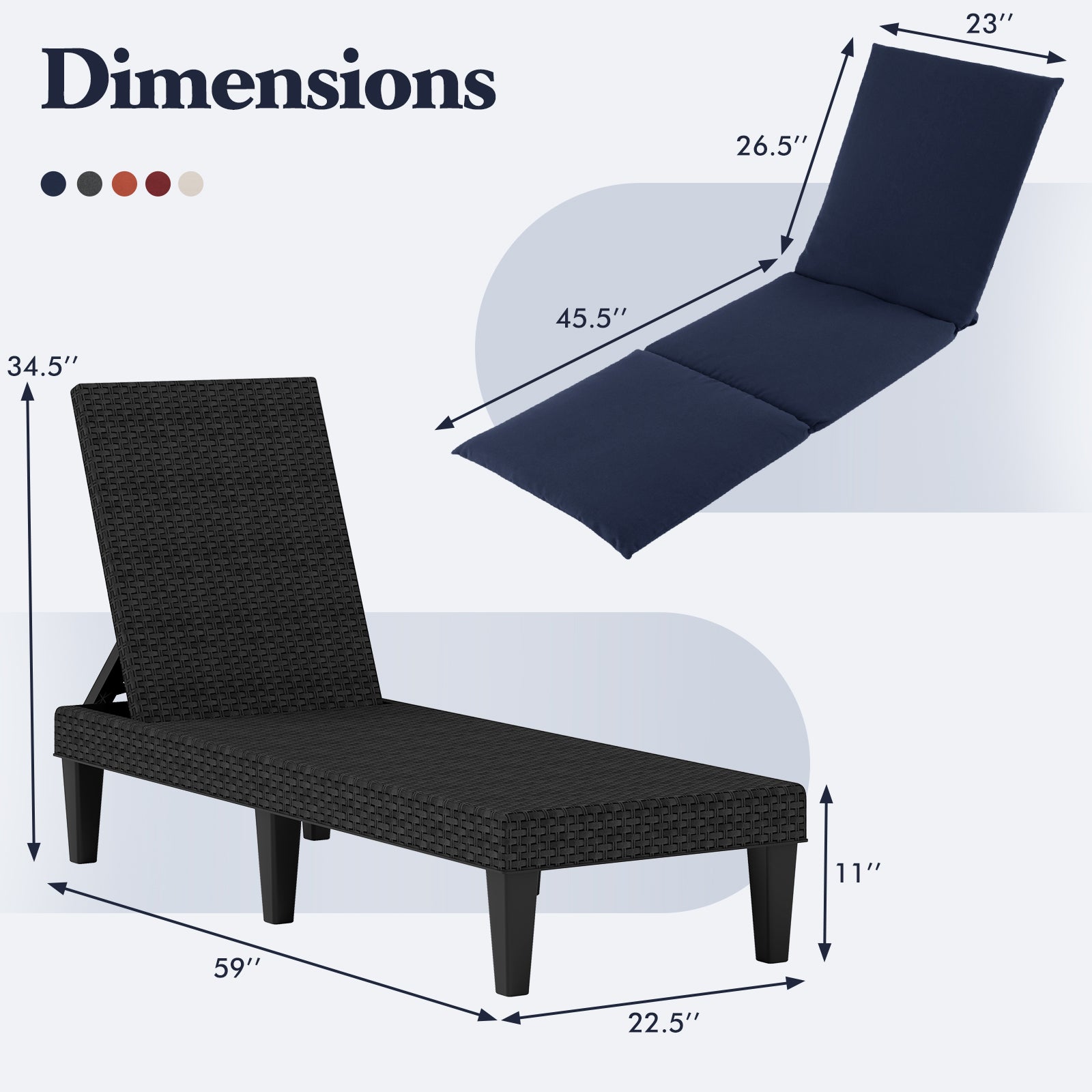 Patio Lounge Chair 3-Position Adjustable Backrest and Cushion-Blue