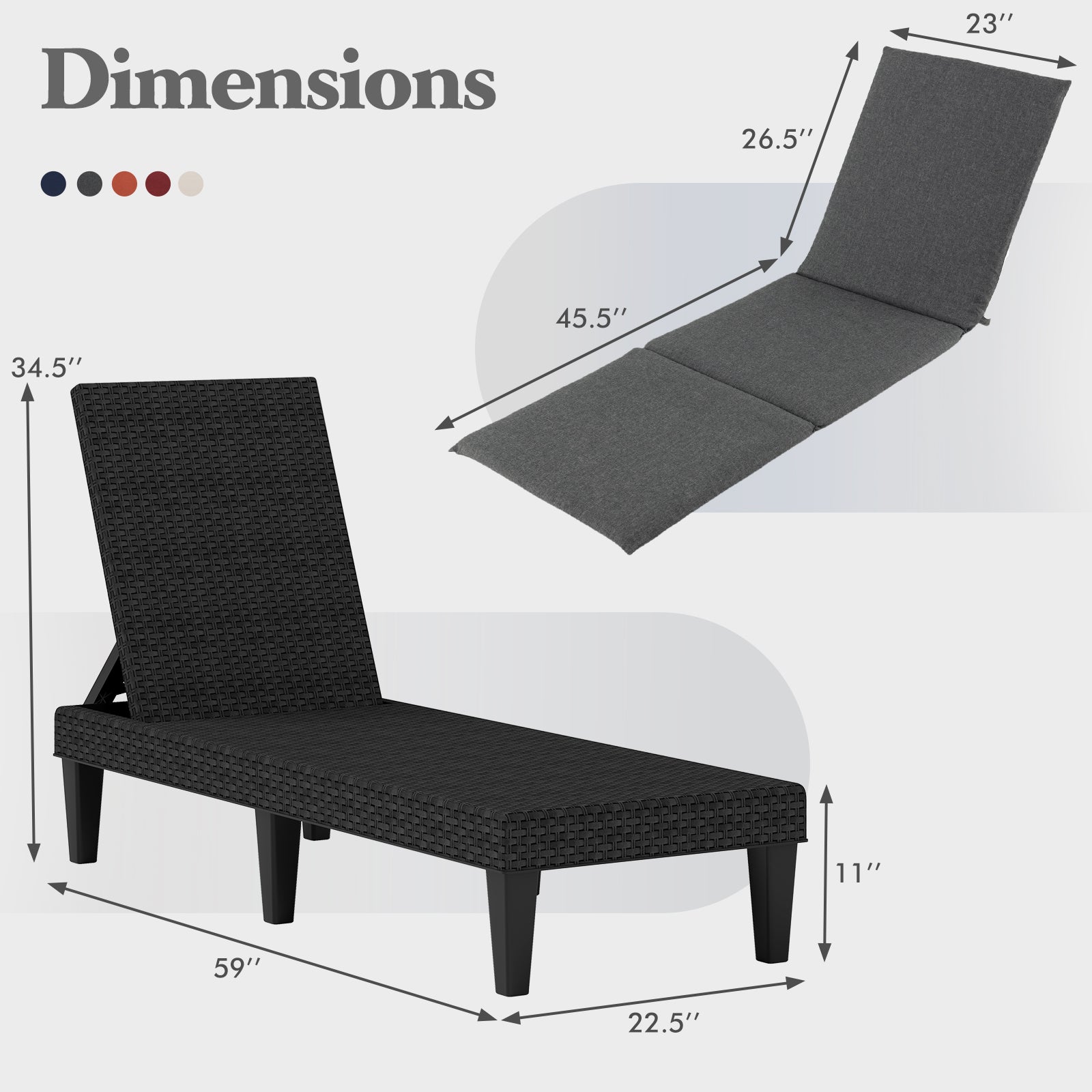 Patio Lounge Chair 3-Position Adjustable Backrest and Cushion-Gray