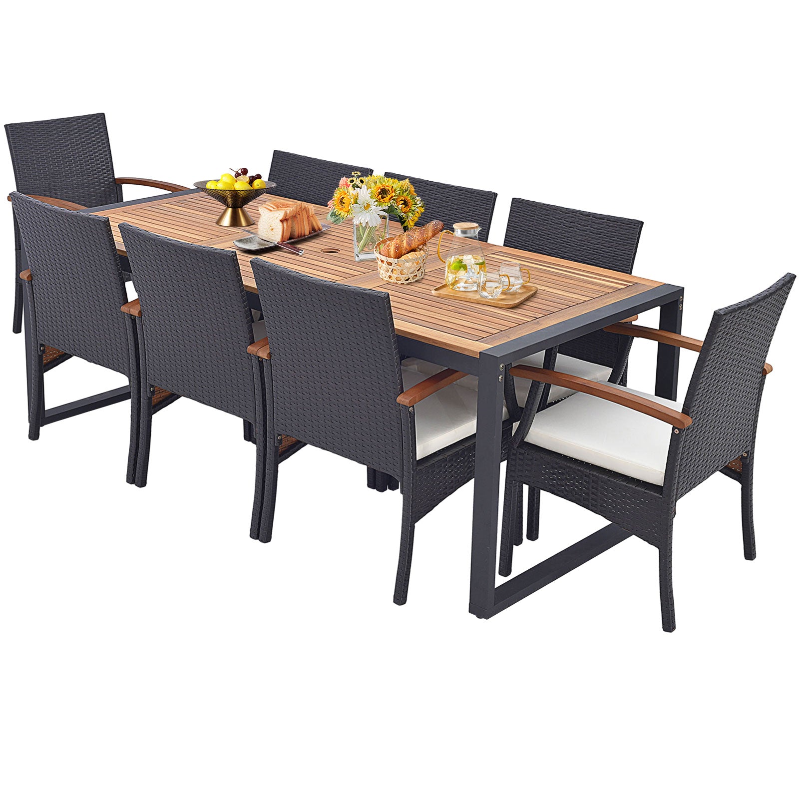 9 Pieces Patio Rattan Dining Set with Acacia Wood Table for Backyard Garden-L-shaped Handrail - Wood Handrail