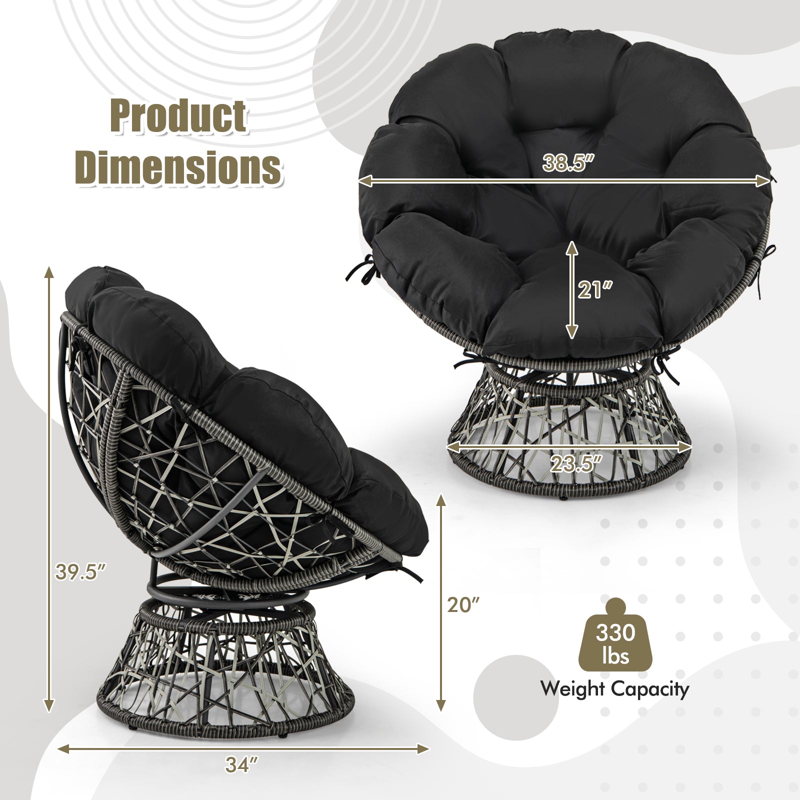 PE Wicker Papasan Chair with Thick and Removable Cushion-Black