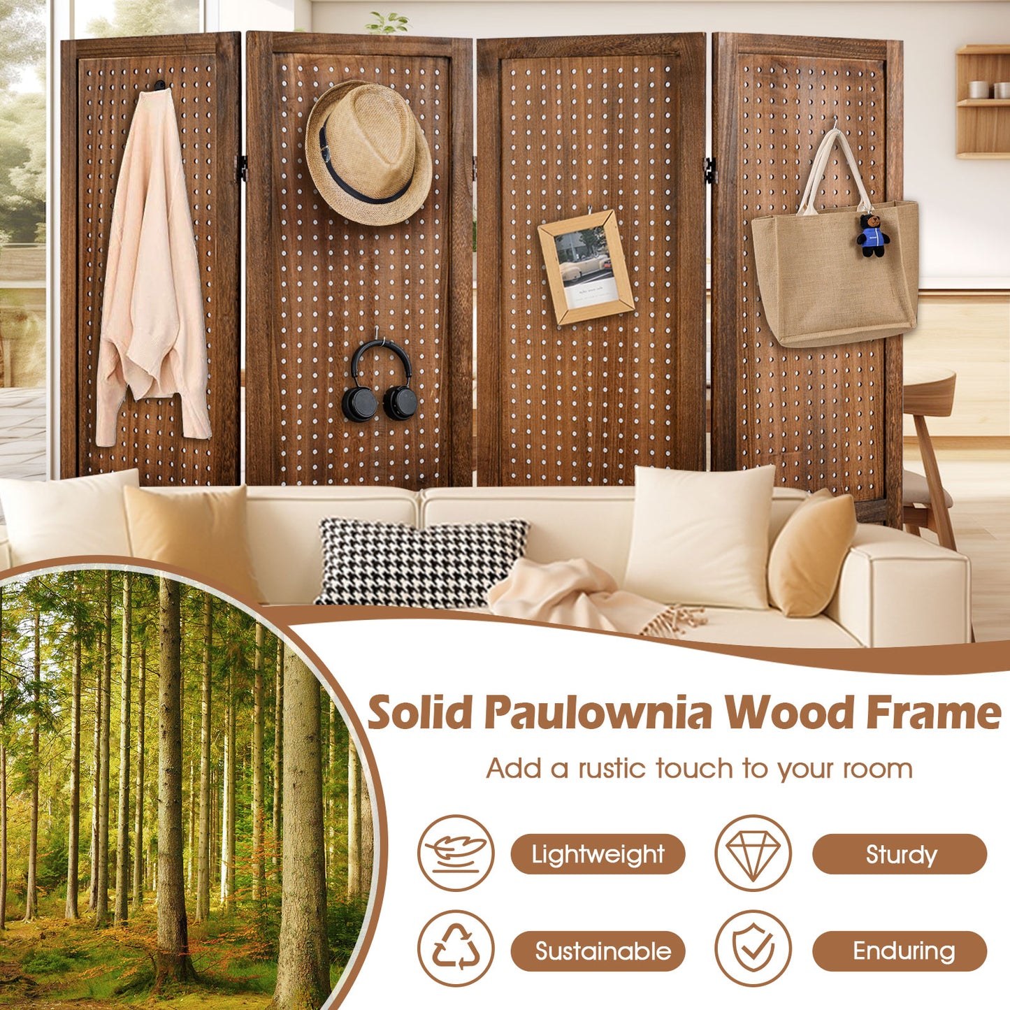 Pegboard Display with 360¬∞ Metal Hinges and Solid Wood Frame-4 Panel