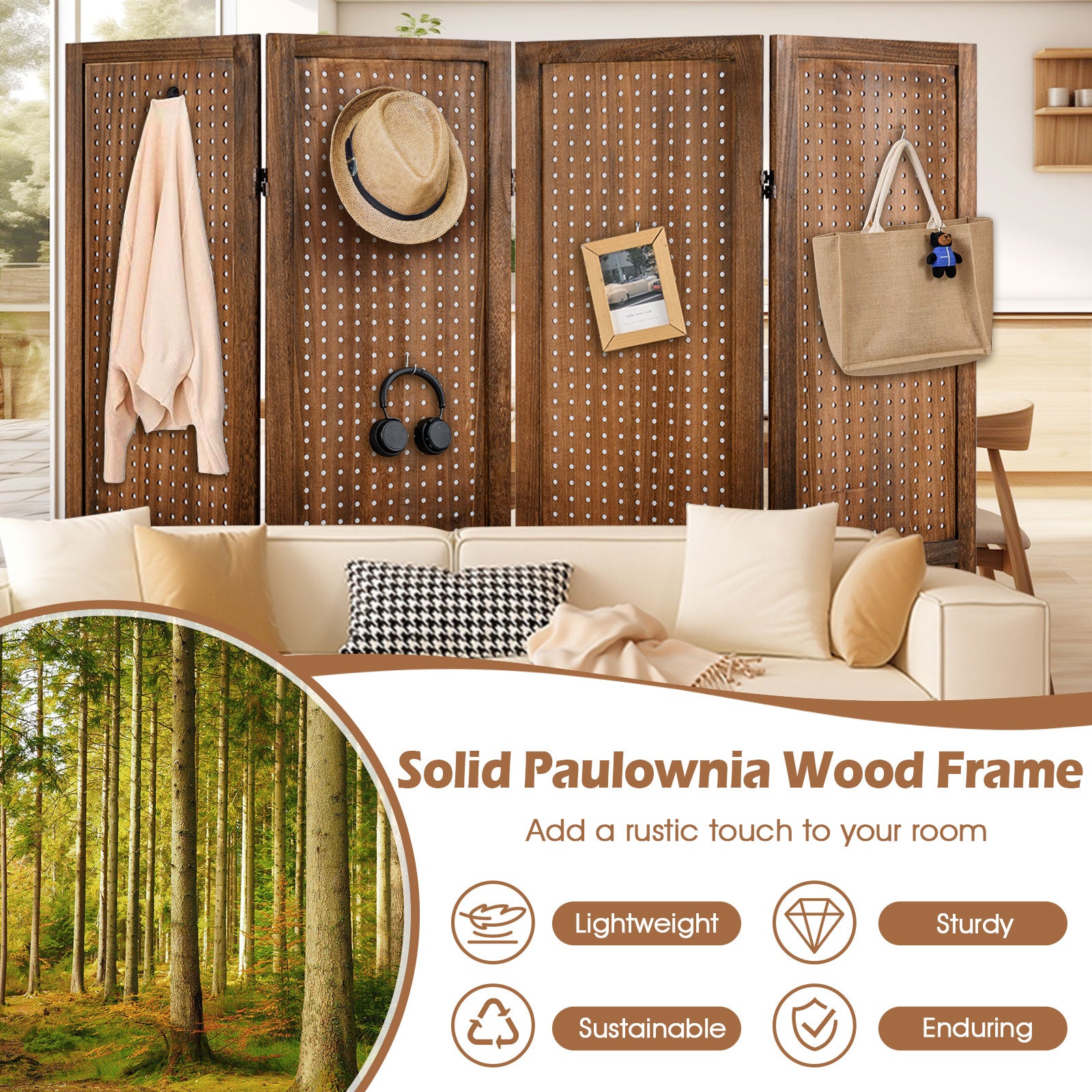 Pegboard Display with 360¬∞ Metal Hinges and Solid Wood Frame-4 Panel