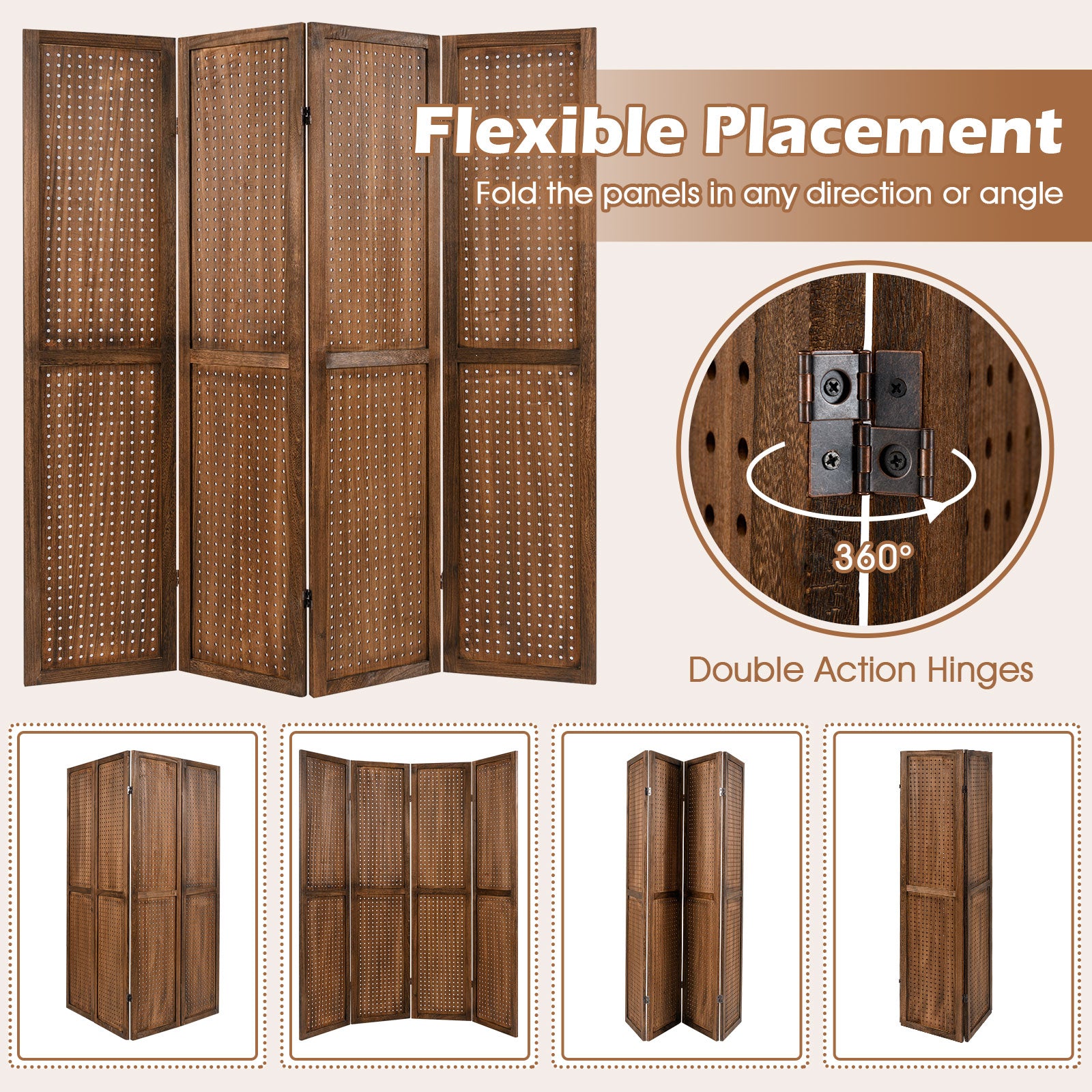 Pegboard Display with 360¬∞ Metal Hinges and Solid Wood Frame-4 Panel
