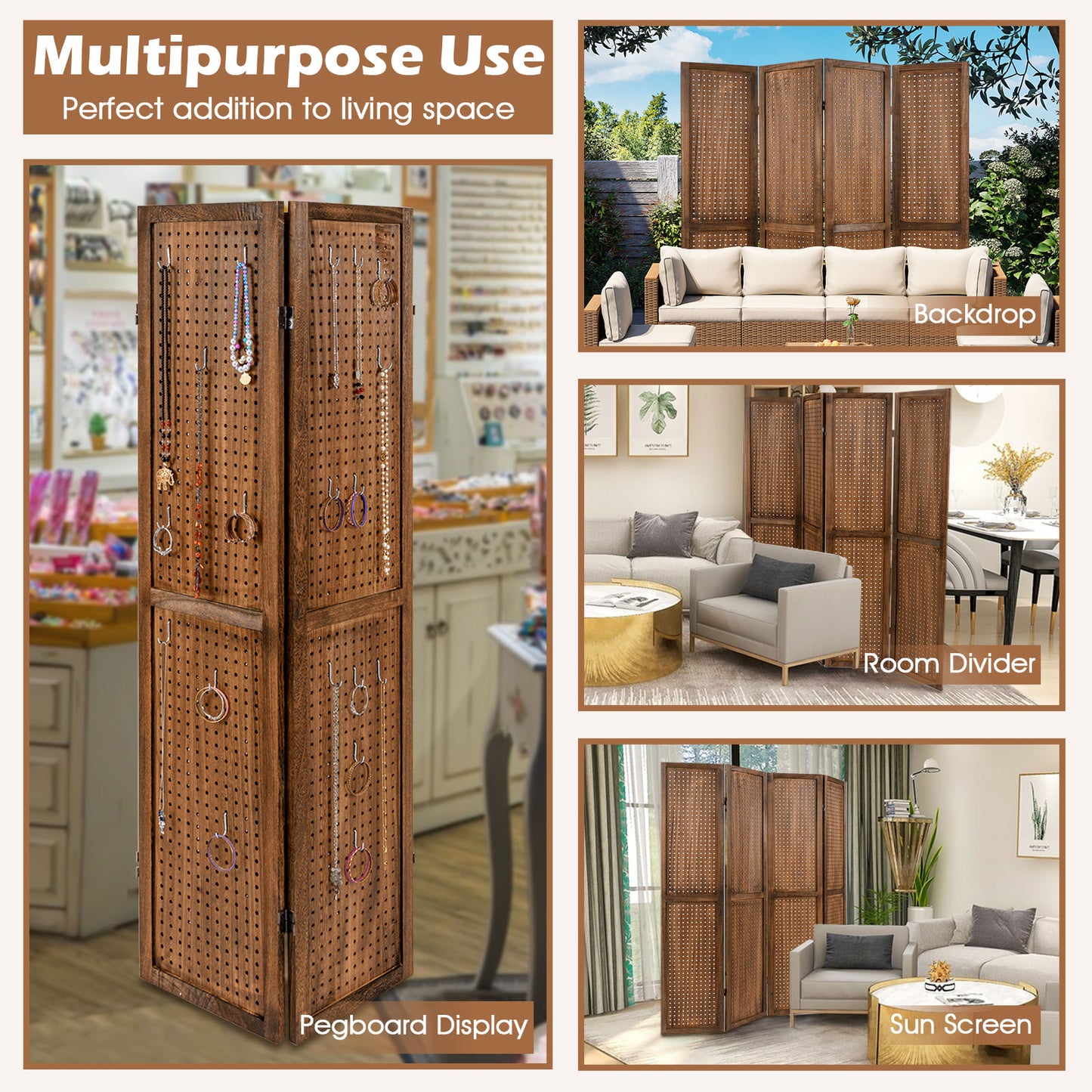 Pegboard Display with 360¬∞ Metal Hinges and Solid Wood Frame-4 Panel