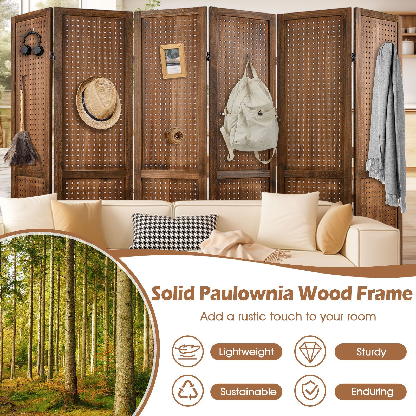 Pegboard Display with 360¬∞ Metal Hinges and Solid Wood Frame-6 Panel