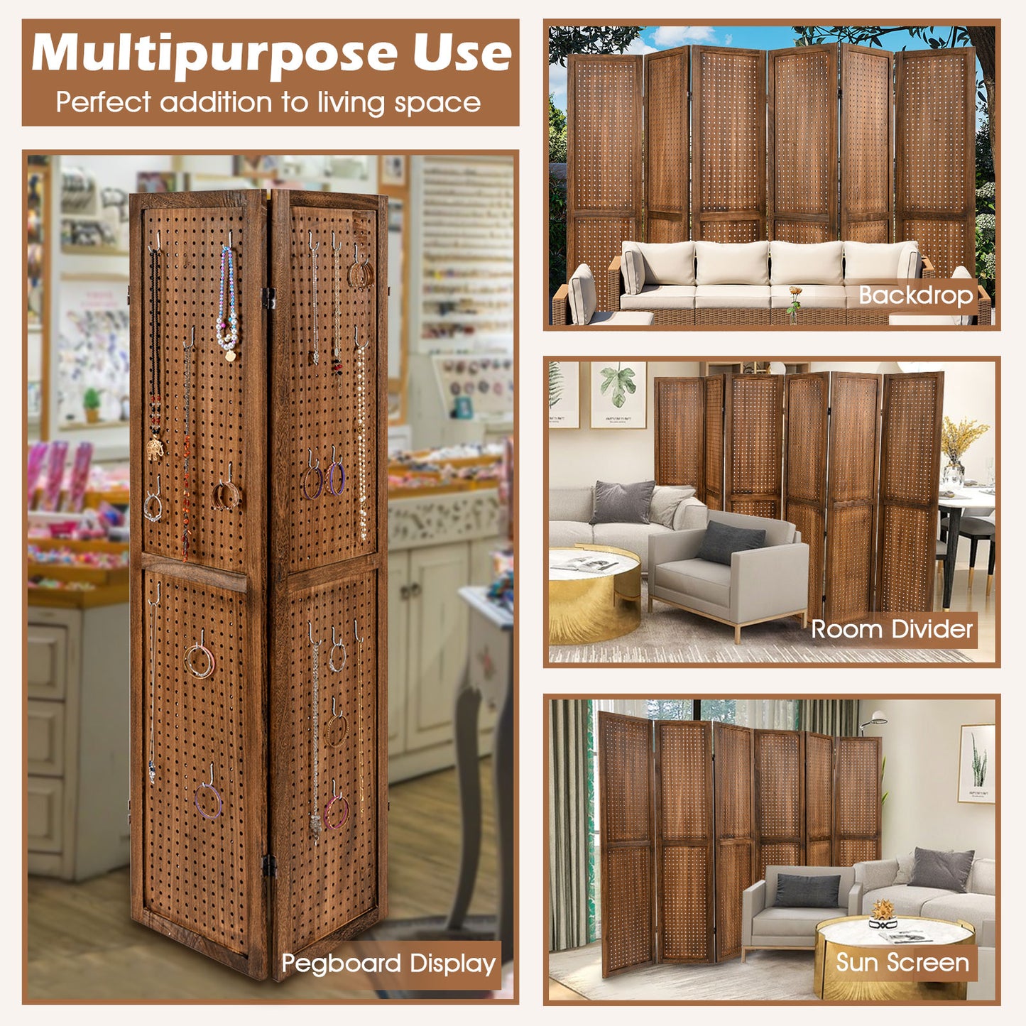 Pegboard Display with 360¬∞ Metal Hinges and Solid Wood Frame-6 Panel