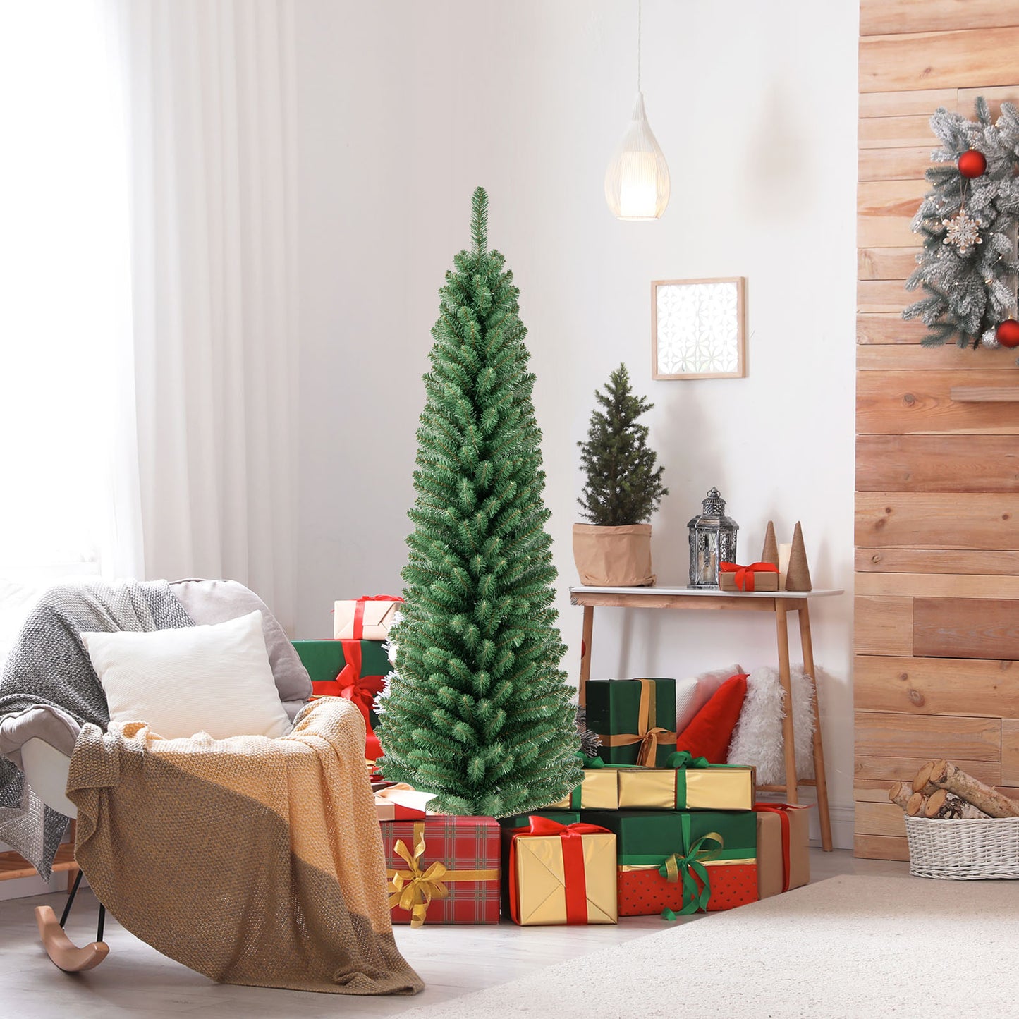 Pencil Christmas Tree with Memory Wire Branch Tips and Warm LED Lights-5FT