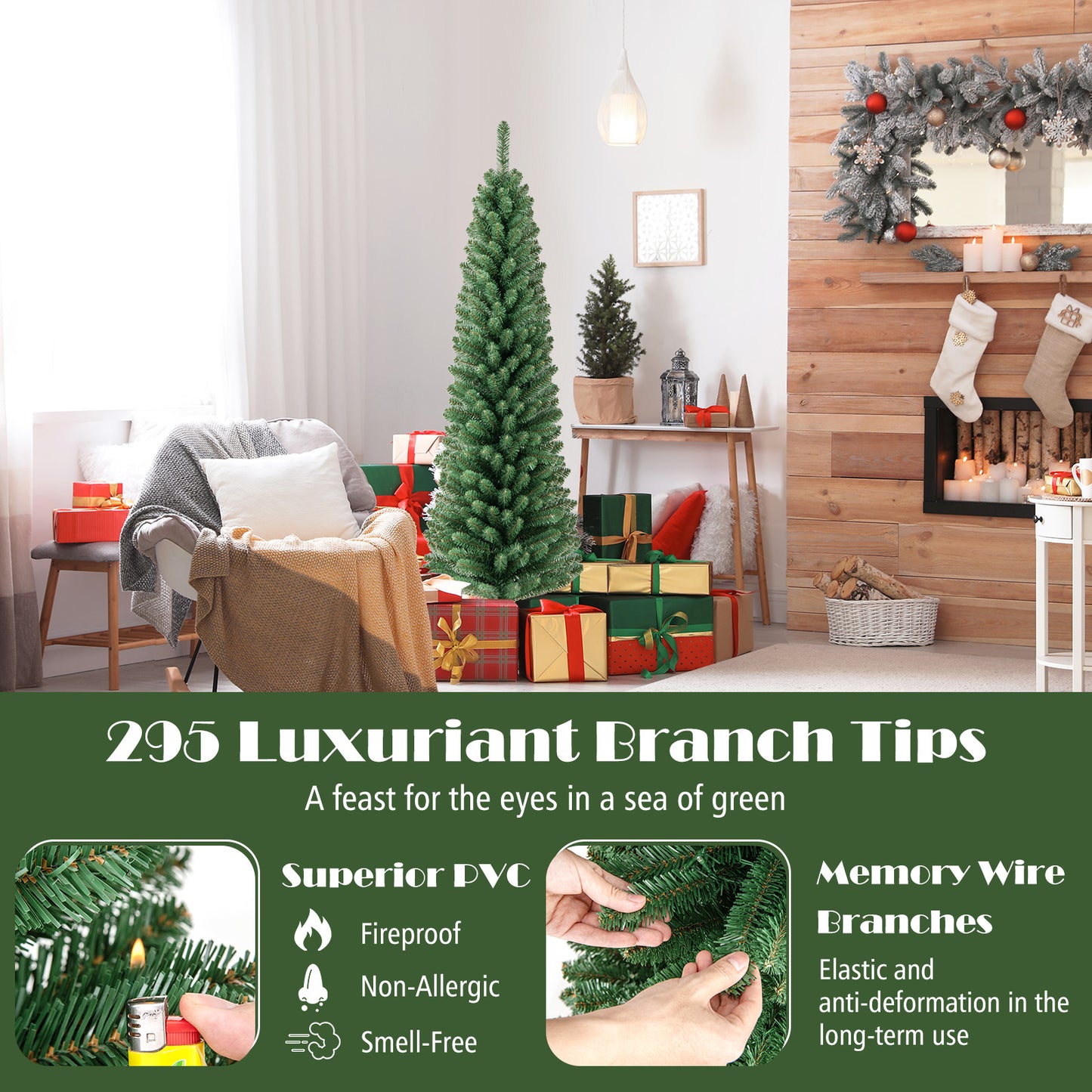 Pencil Christmas Tree with Memory Wire Branch Tips and Warm LED Lights-5FT