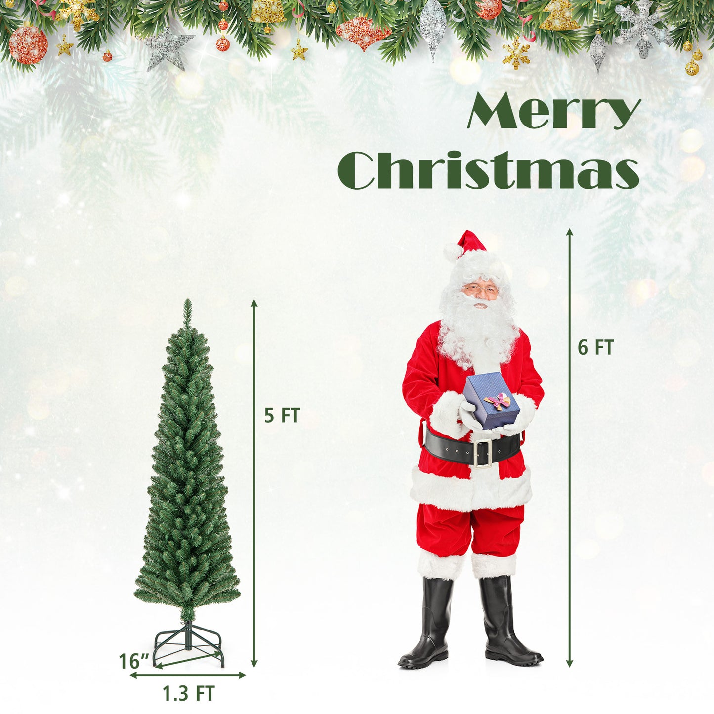 Pencil Christmas Tree with Memory Wire Branch Tips and Warm LED Lights-5FT
