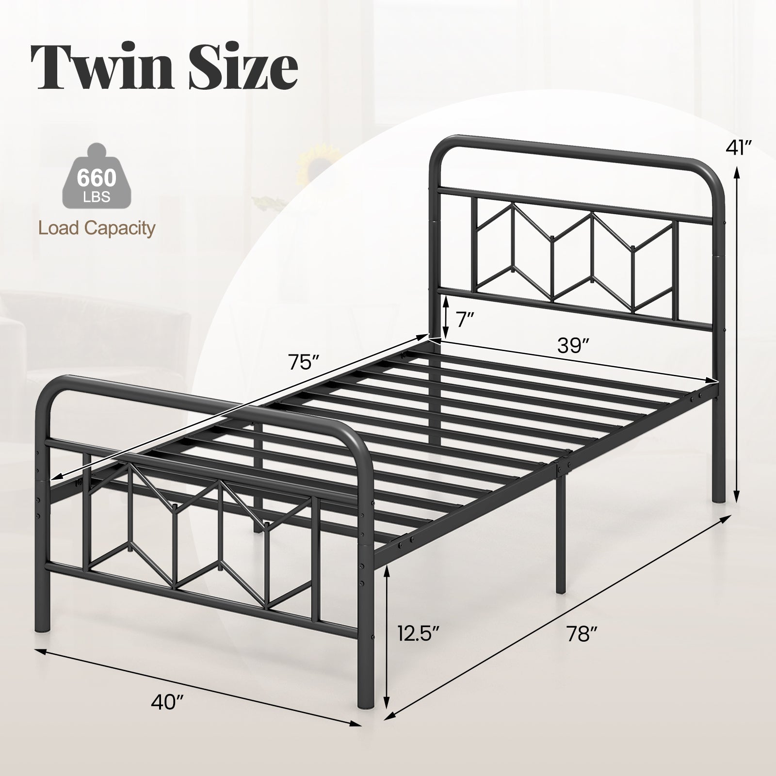 Platform Bed with High Headboard and Snap Lock Metal Slats-Twin Size - Twin Size
