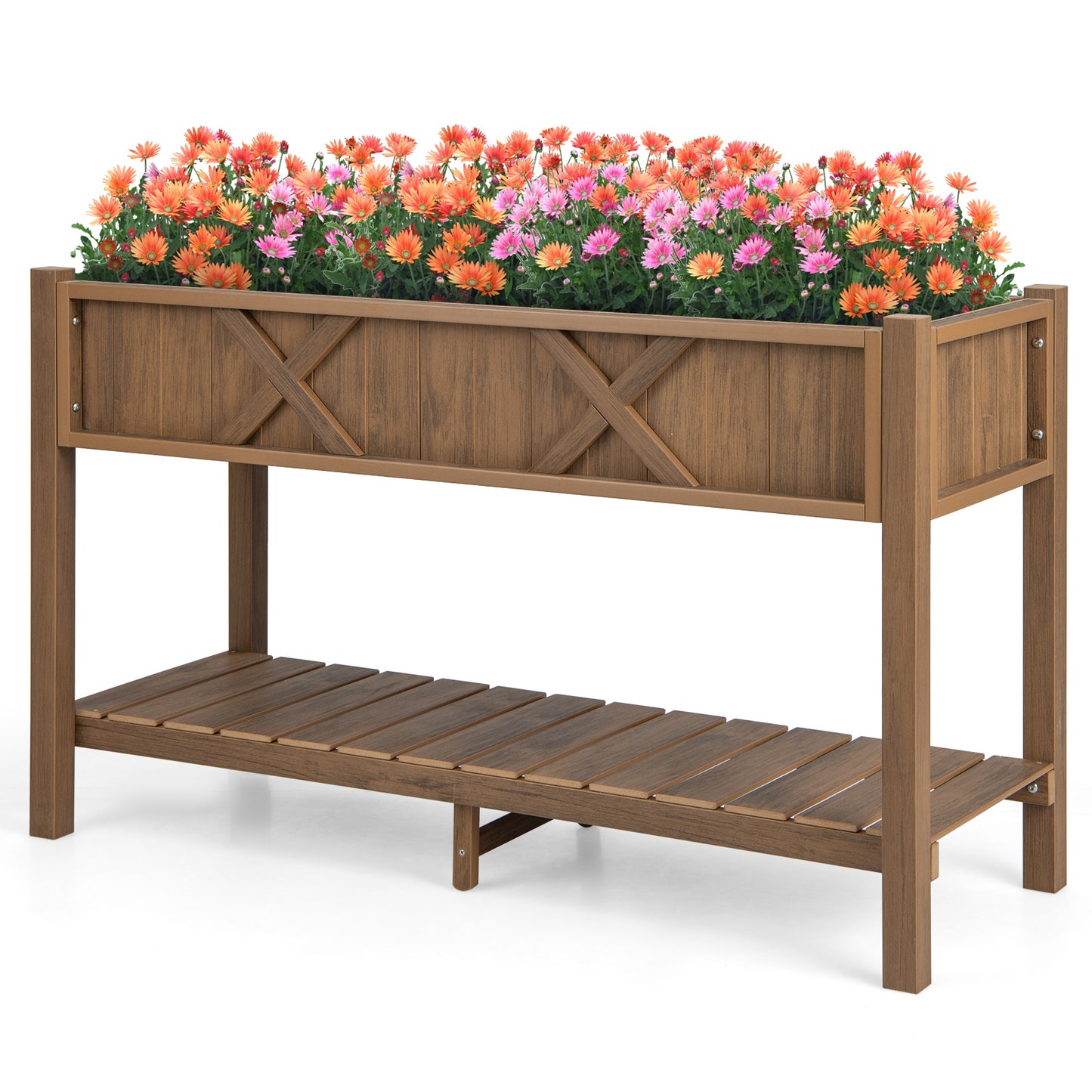 Poly Wood Elevated Planter Box with Legs Storage Shelf Drainage Holes-Coffee - Coffee