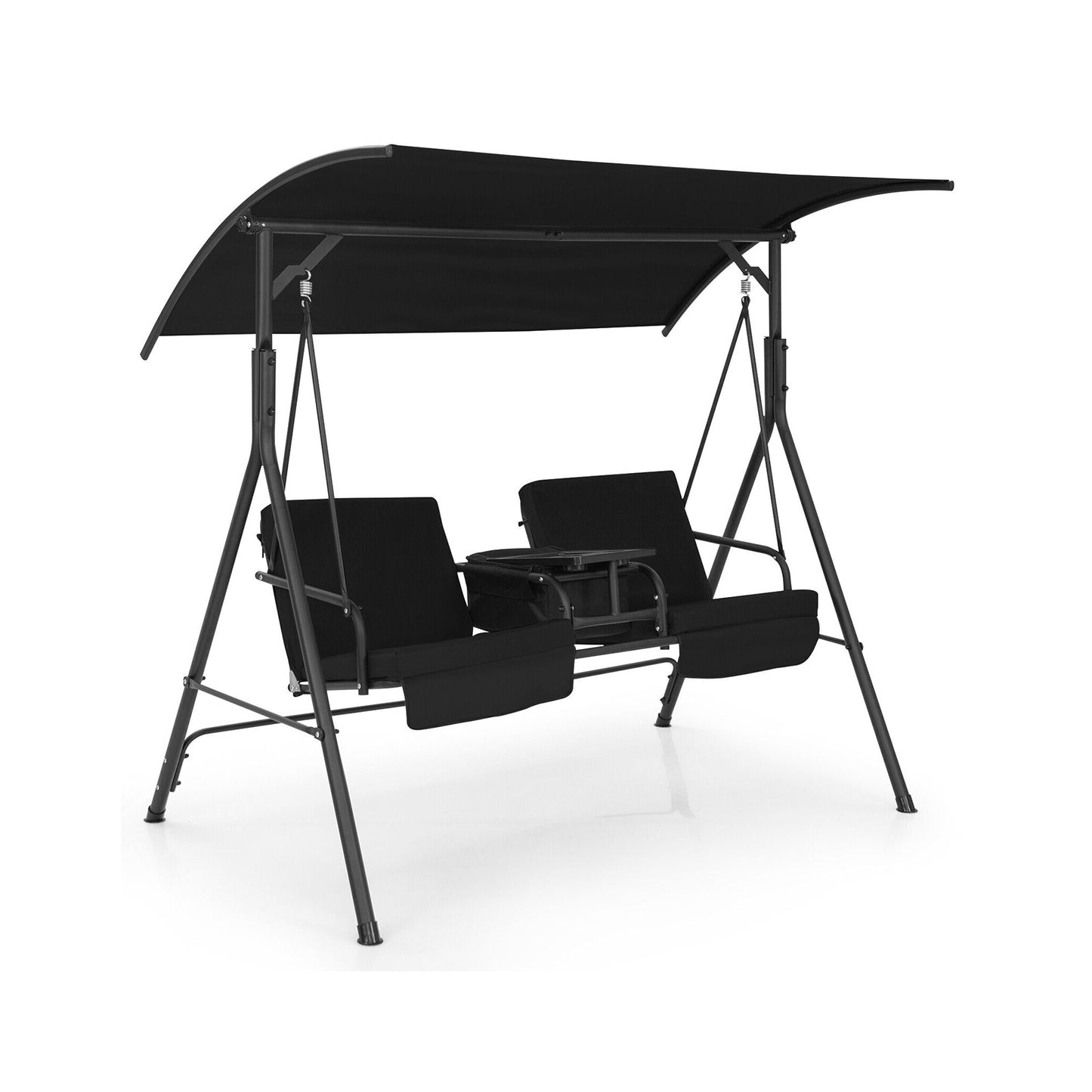 Porch Swing Chair with Adjustable Canopy-Beige - Black