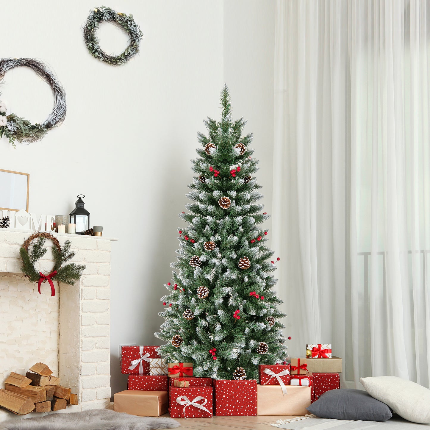 Pre-lit Artificial Pencil Christmas Tree with Pine Cones and Red Berries-5 ft
