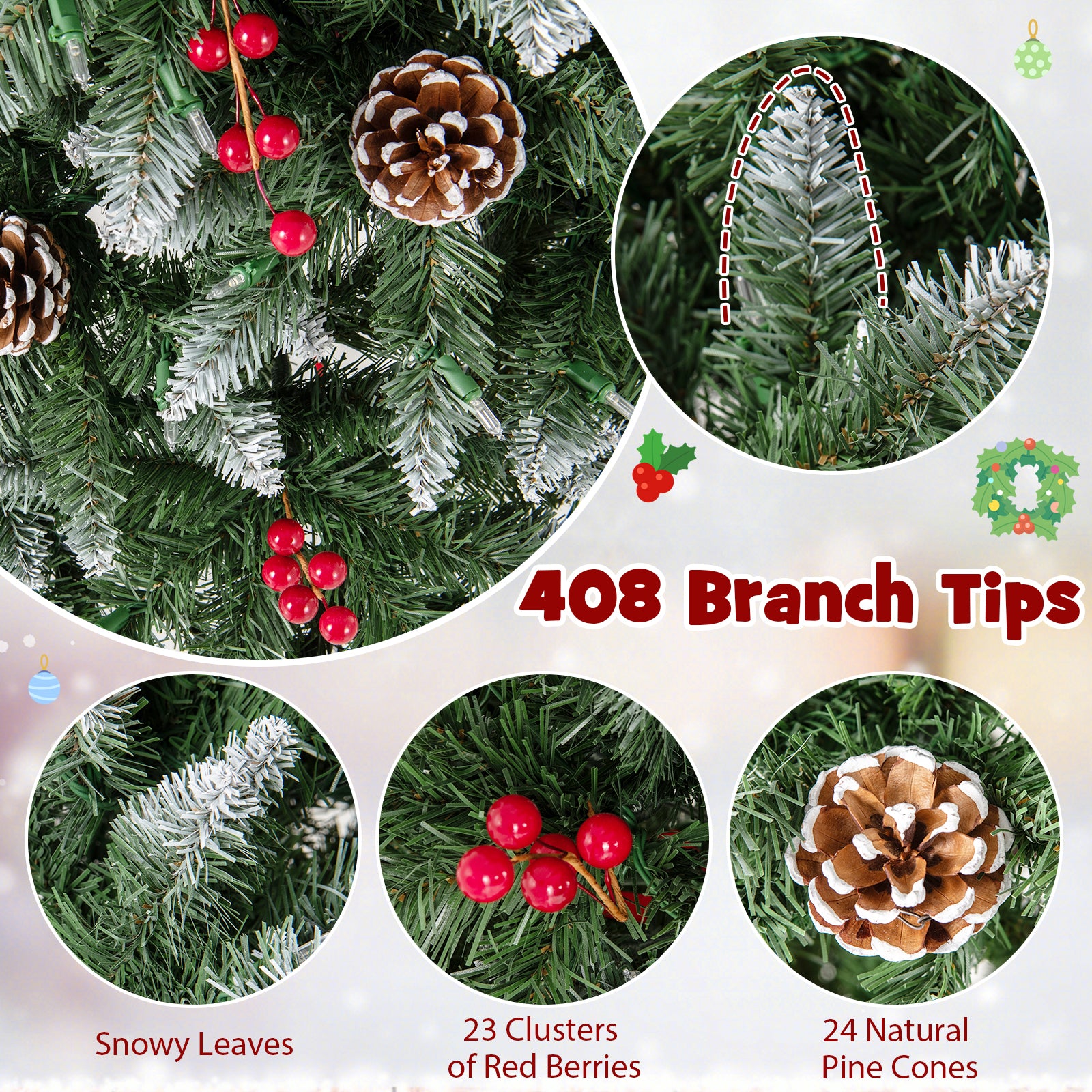 Pre-lit Artificial Pencil Christmas Tree with Pine Cones and Red Berries-5 ft