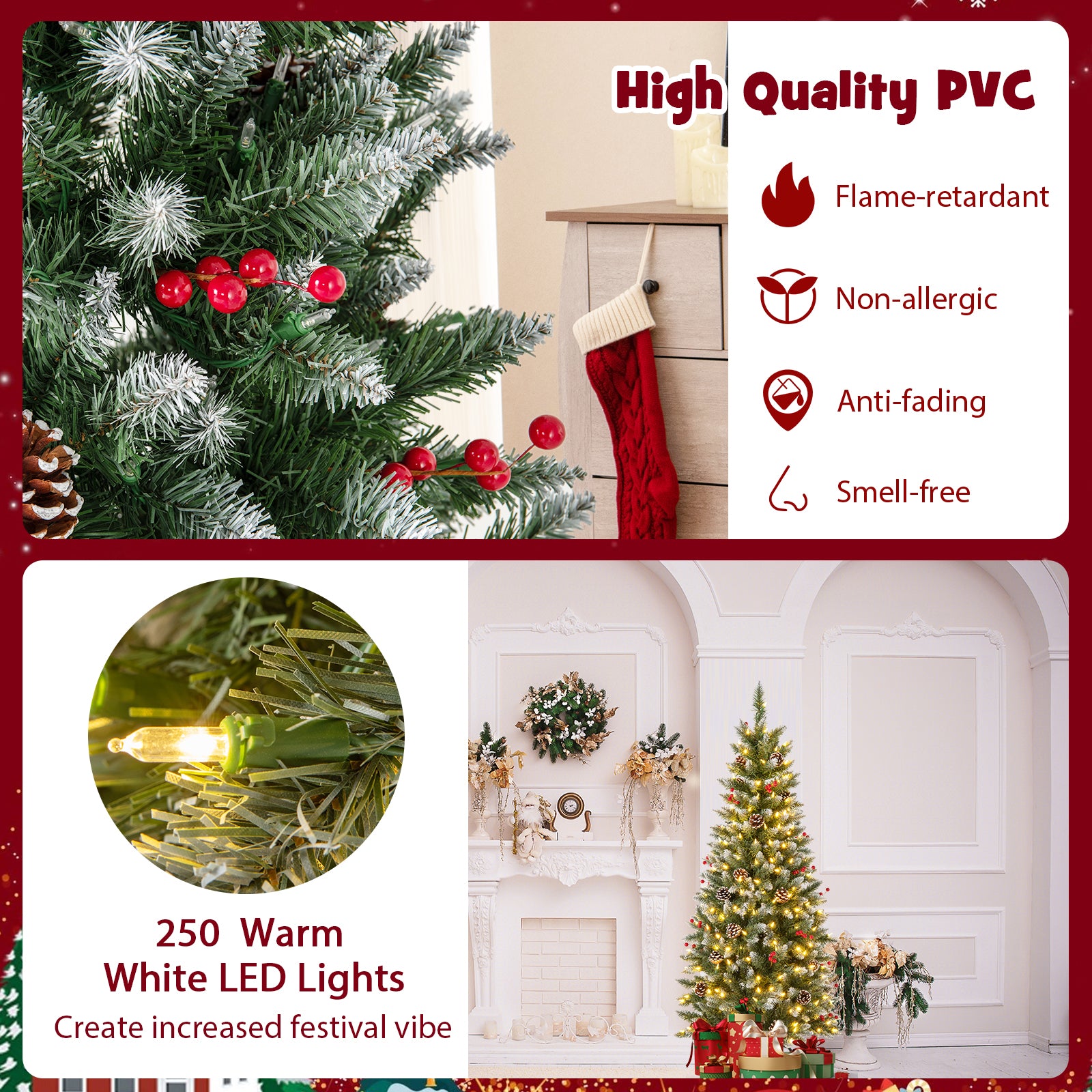 Pre-lit Artificial Pencil Christmas Tree with Pine Cones and Red Berries-5 ft