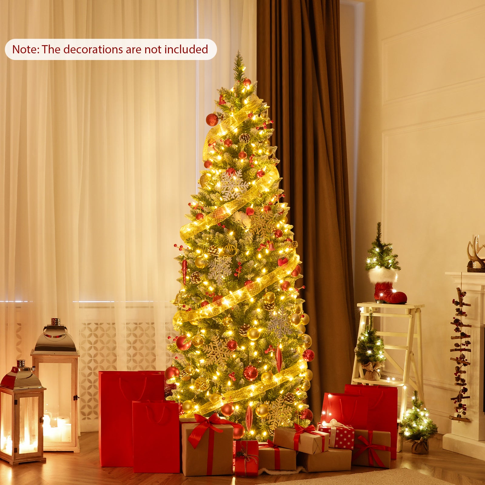 Pre-lit Artificial Pencil Christmas Tree with Pine Cones and Red Berries-6 ft