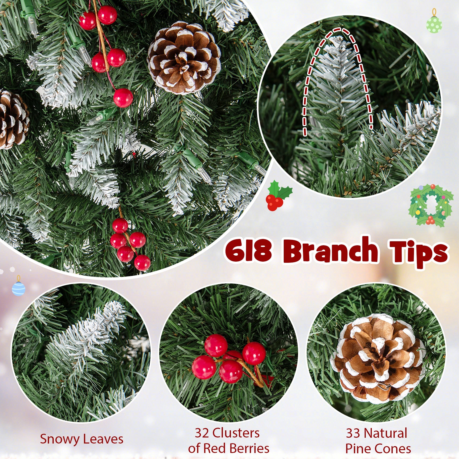 Pre-lit Artificial Pencil Christmas Tree with Pine Cones and Red Berries-6 ft