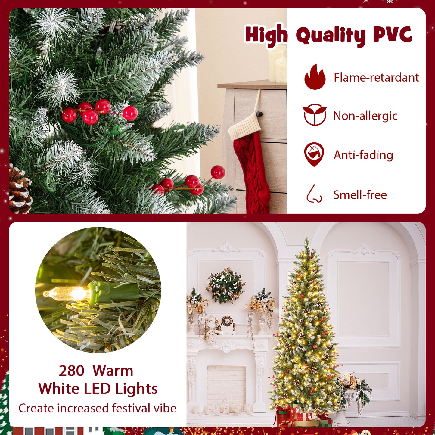 Pre-lit Artificial Pencil Christmas Tree with Pine Cones and Red Berries-6 ft