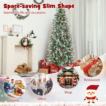 Pre-lit Artificial Pencil Christmas Tree with Pine Cones and Red Berries-6 ft