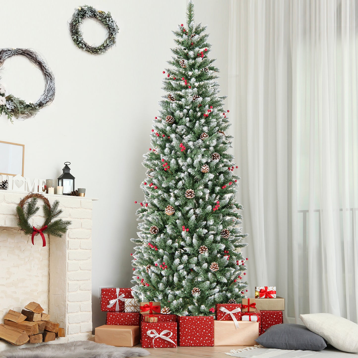 Pre-lit Artificial Pencil Christmas Tree with Pine Cones and Red Berries-7 ft