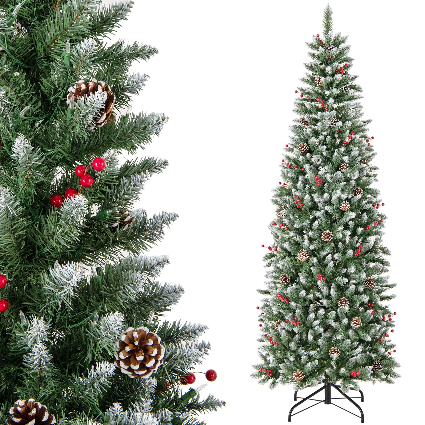 Pre-lit Artificial Pencil Christmas Tree with Pine Cones and Red Berries-7 ft