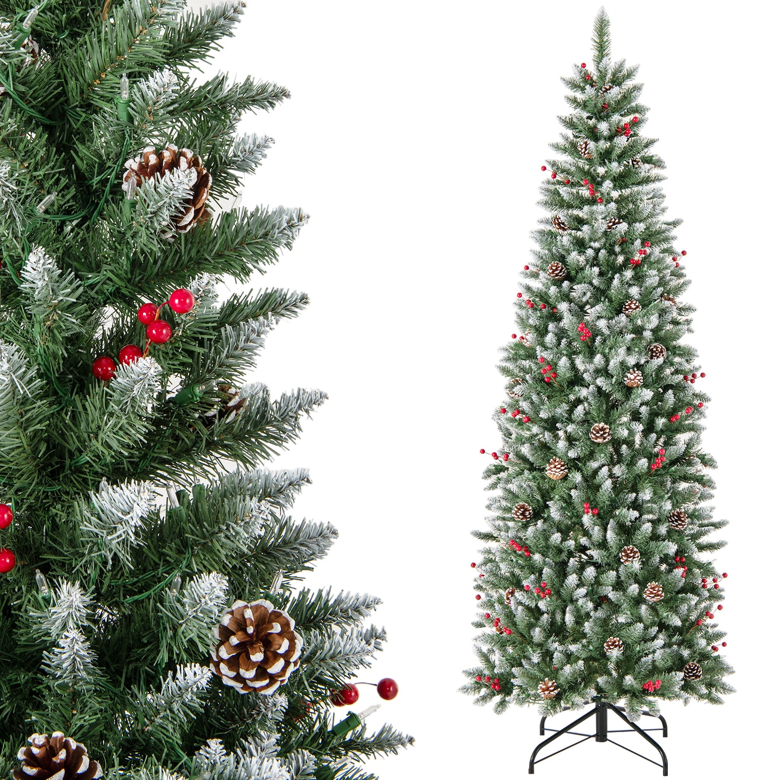 Pre-lit Artificial Pencil Christmas Tree with Pine Cones and Red Berries-7 ft