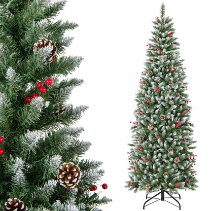Pre-lit Artificial Pencil Christmas Tree with Pine Cones and Red Berries-7 ft
