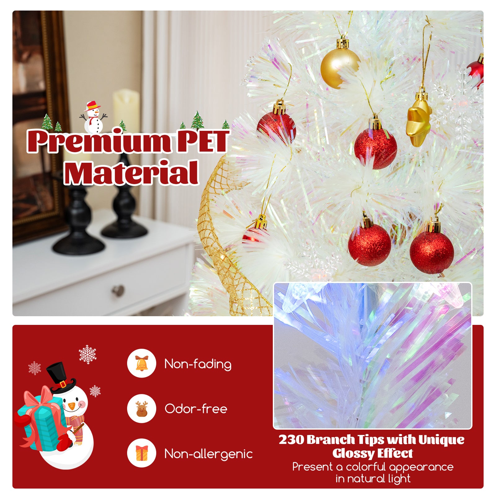 5/6/7 Feet Pre-Lit White Artificial Christmas Tree with Iridescent Leaves-6 ft