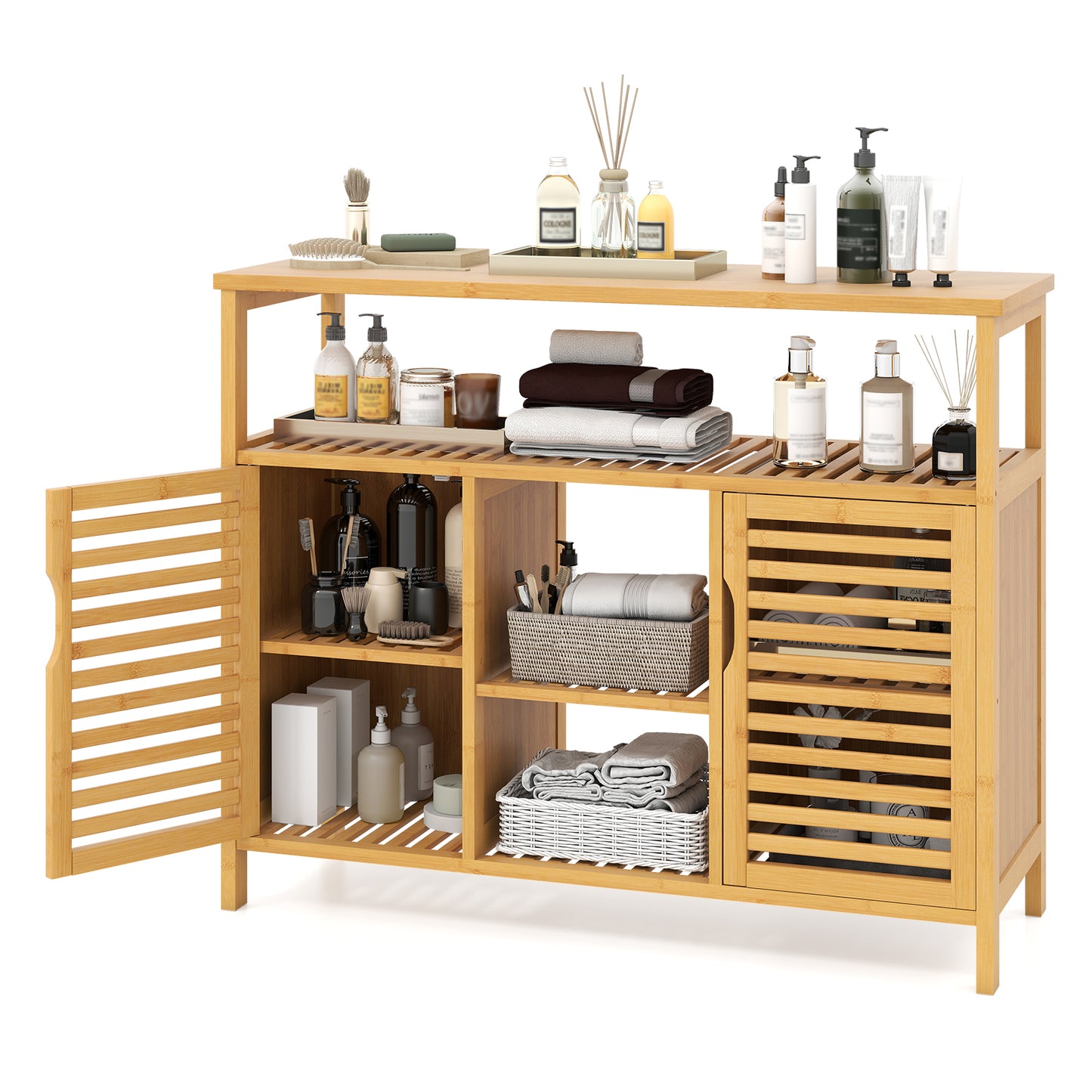 Bamboo Bathroom Cabinet with Shelves and Doors-Natural