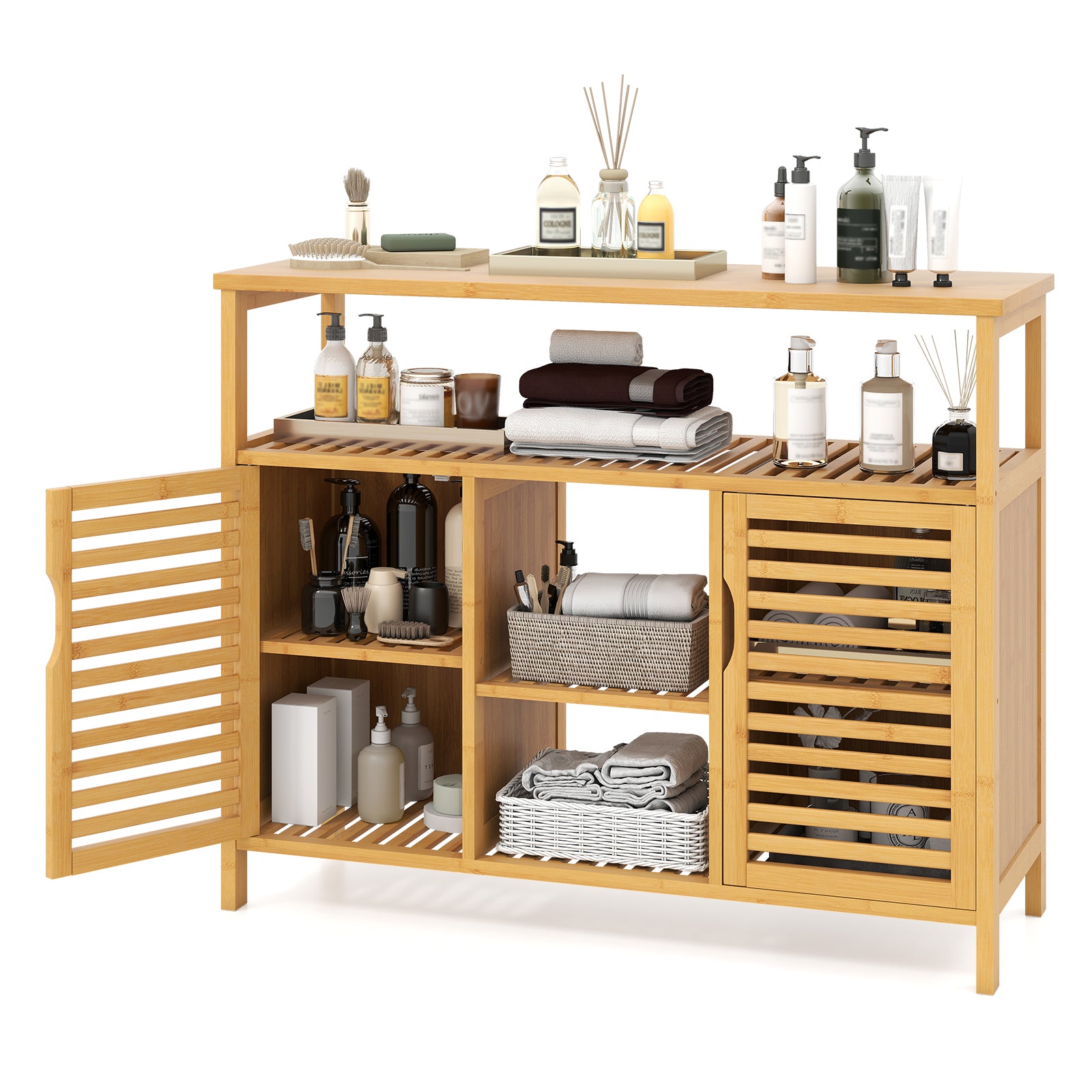 Bamboo Bathroom Cabinet with Shelves and Doors-Natural