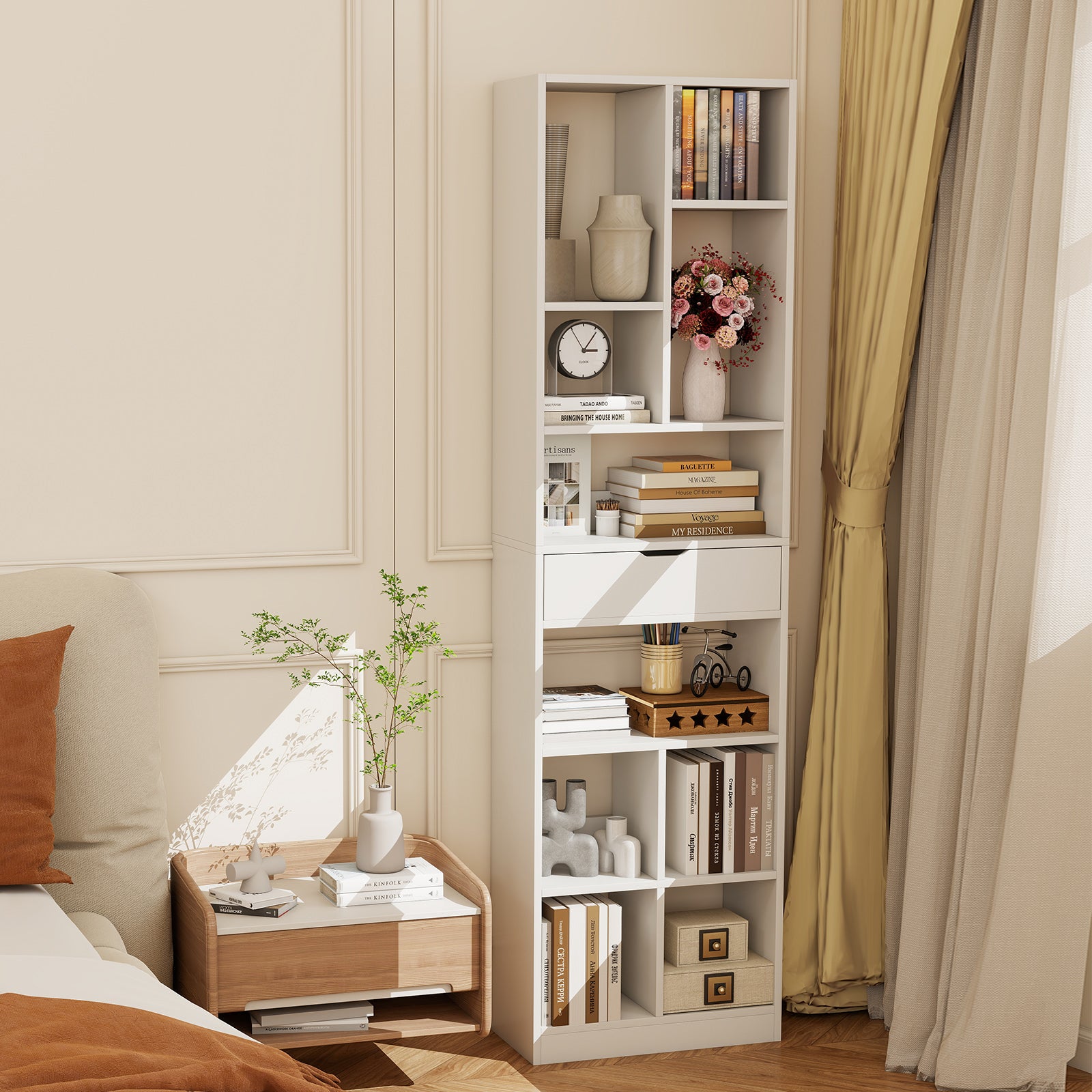 7-tier Bookshelf with Drawer 180cm Floor Standing Display Rack Storage Shelf-White
