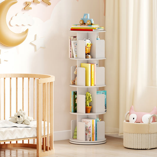 4-Tier Rotating Bookshelf 360¬∞ Display Rack with Dividers and Anti-falling Baffles-White